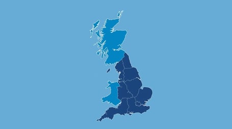 A clean, simple map of the UK showing county boundaries. mainly blue