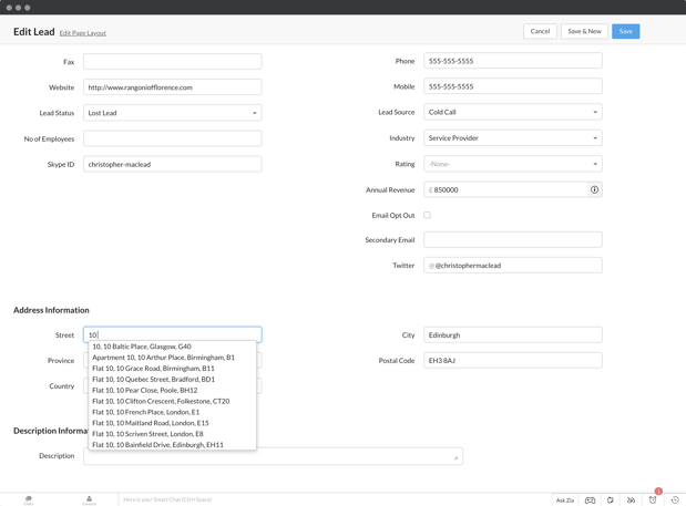 Address Autocompletion on the Zoho CRM Lead editing page